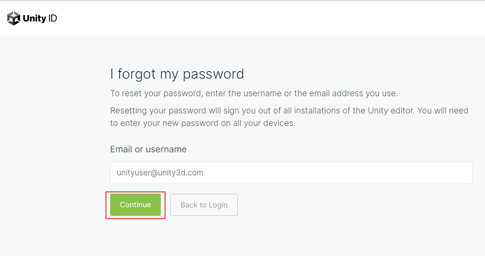 How do I reset my password? Unity