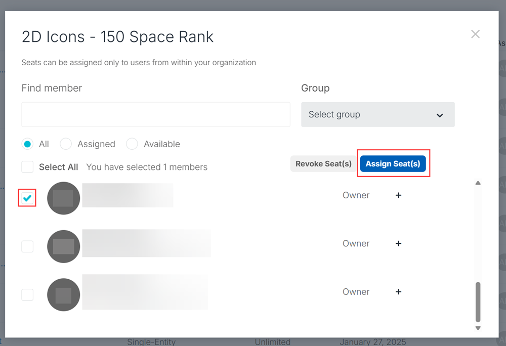The seat management user interface highlighting the Asset Seat(s) button