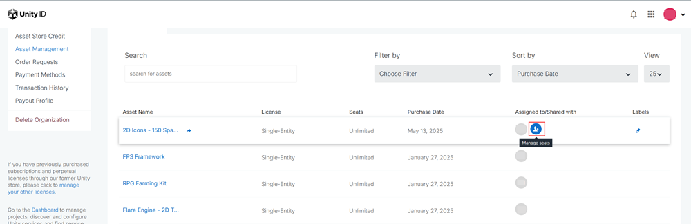 The asset management user interface highlighting the Manage Seats button