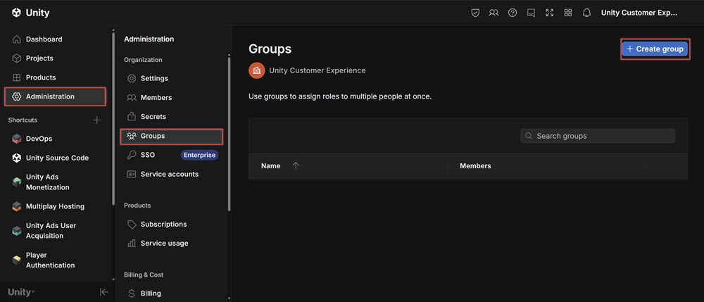 the Unity cloud dashboard with Administration, groups, and the create group button highlighted using a red box