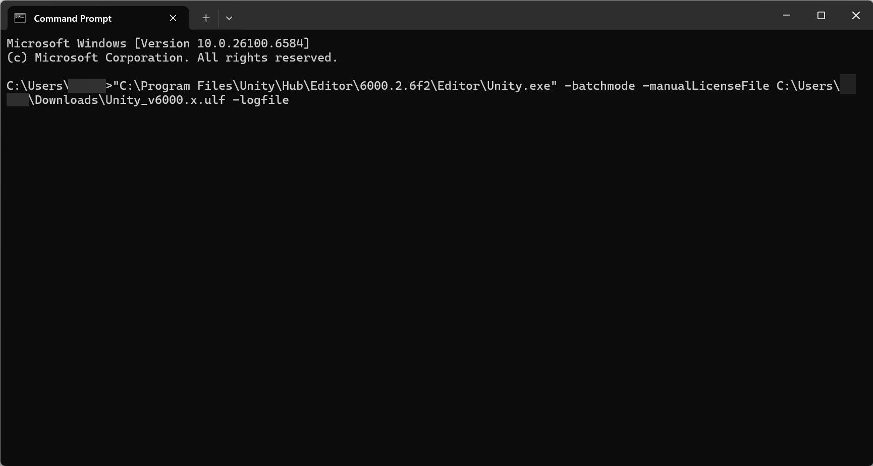 the command prompt window displaying the command line in full. The username has been obfuscated.
