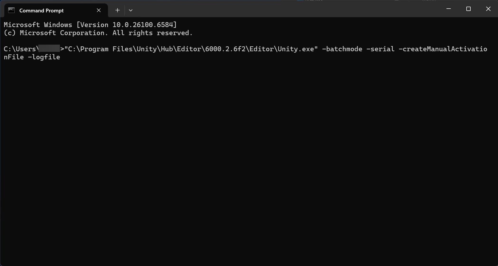 the command prompt window showing the required command line. the username has been obfuscated 