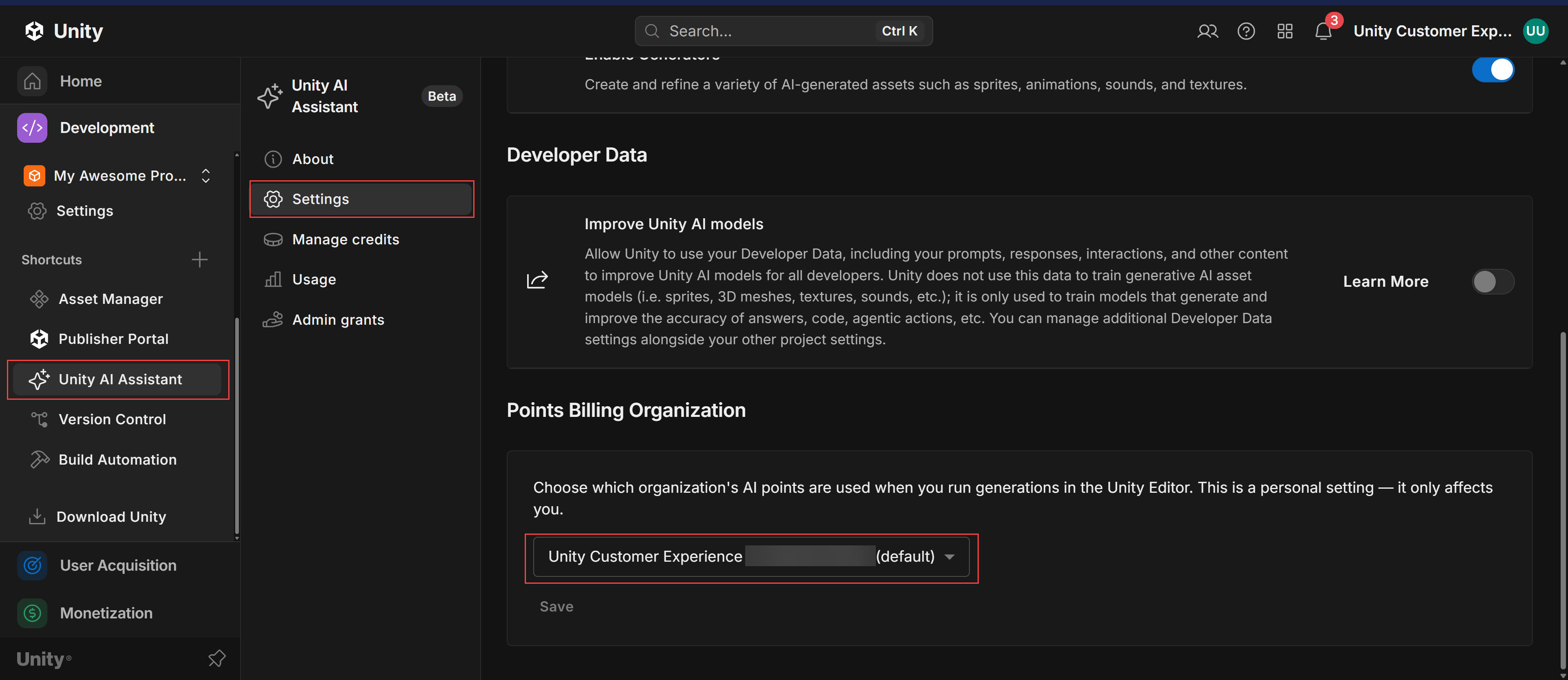 Screenshot of the Unity Cloud Dashboard with the Unity AI Assistant, Settings and Points Billing Organization dropdown highlighted using a red box